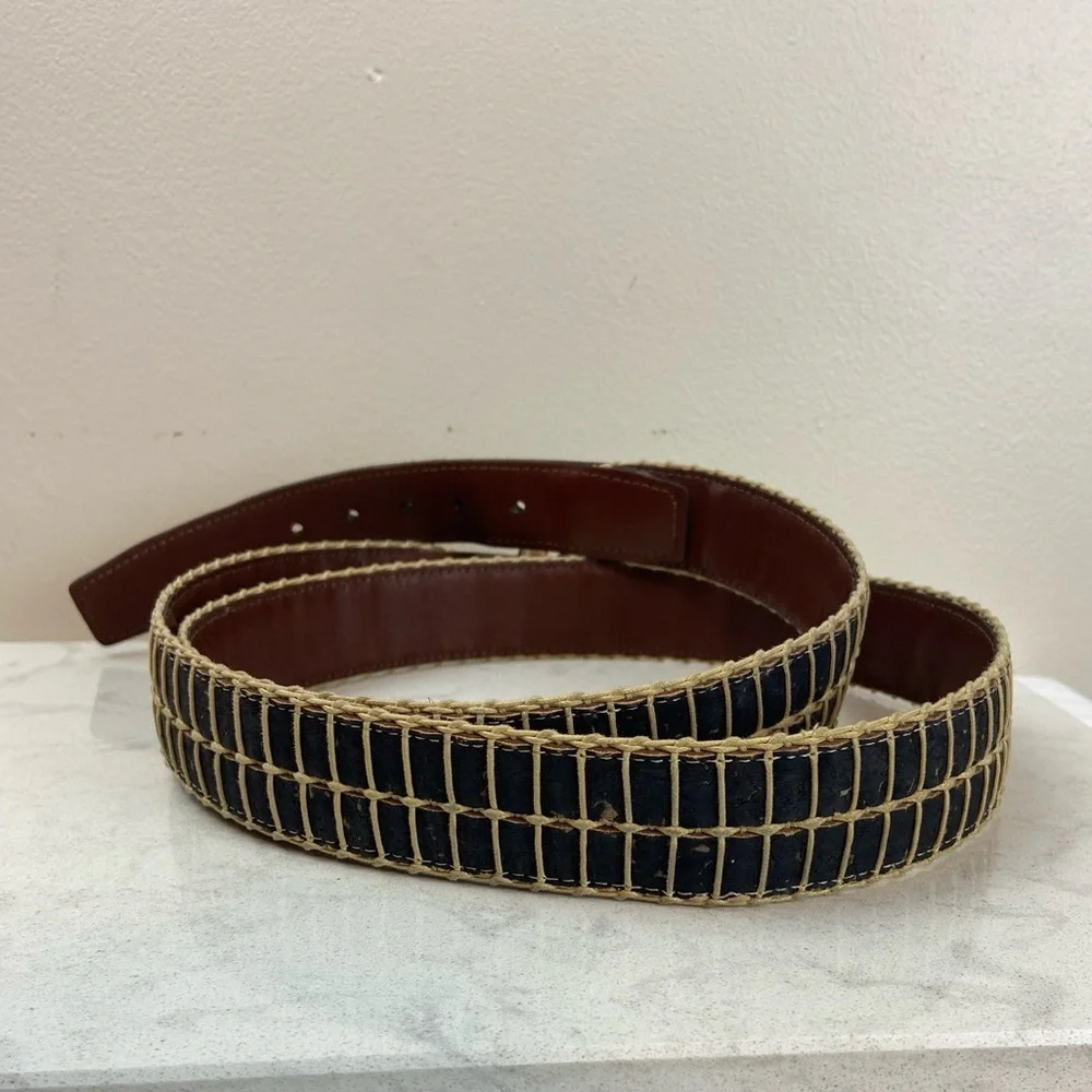 Men’s Vintage Torino Leather Cork Woven Belt Brown & Black Classic Casual Style